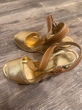 Prada Gold Wedge Sandals with Brown Ankle Straps